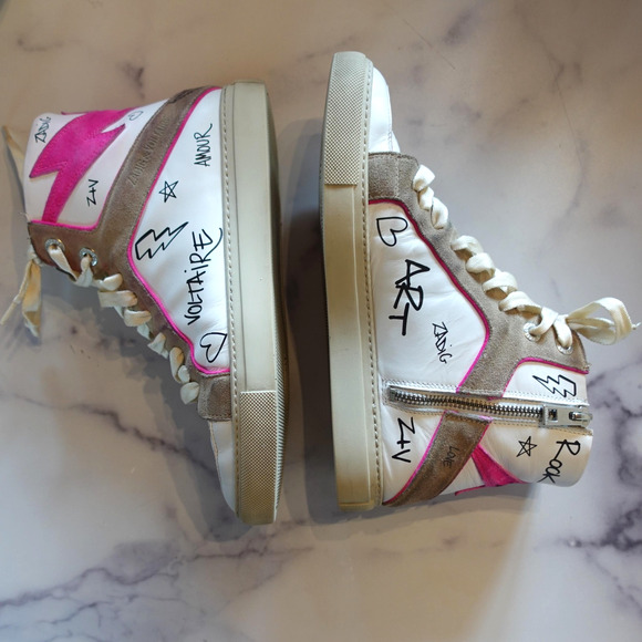 Zadig & Voltaire Sneakers Womens Size 38 White Pink Graffiti High Top Side Zip - Picture 3 of 8